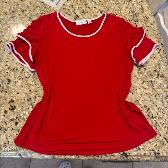 Susan Graver Red Women's Top with White Trim ruffle sleeves size Large - Picture 1 of 2